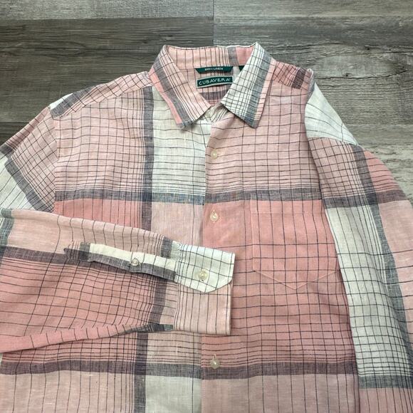 Cubavera Windowpane Plaid Pink Mens M Patterned‎ 100% Linen Button Up Shirt - Picture 2 of 8